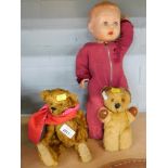 Dolls and Teddy bears, comprising a 20thC blonde plush jointed Teddy bear, with glass eyes, 22cm hig