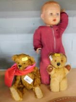 Dolls and Teddy bears, comprising a 20thC blonde plush jointed Teddy bear, with glass eyes, 22cm hig