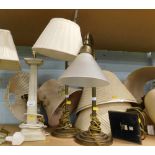 Five various table lamps, comprising a brass Corinthian columned lamp with arch top, 44cm high, anot