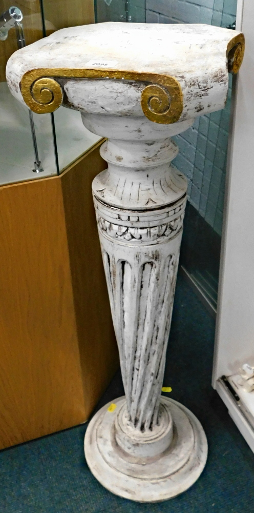 A white and gilt painted plant stand, on twist column with square top and circular foot, 90cm high,