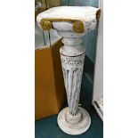 A white and gilt painted plant stand, on twist column with square top and circular foot, 90cm high,