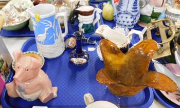 A Wade NatWest pig bank, a Staffordshire stork jug, 19thC jug, Art Glass vase, a tinplate Indian egg