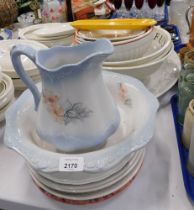 A Blankney wash jug and bowl set, olive drip tray, pasta bowl, white cream ware type serving platter