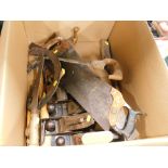 Various tools, comprising logging saws, Marples wood block planes, mallet, hammer, etc. (1 box)