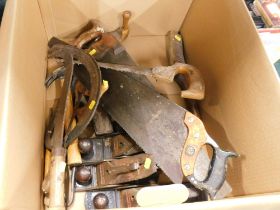 Various tools, comprising logging saws, Marples wood block planes, mallet, hammer, etc. (1 box)