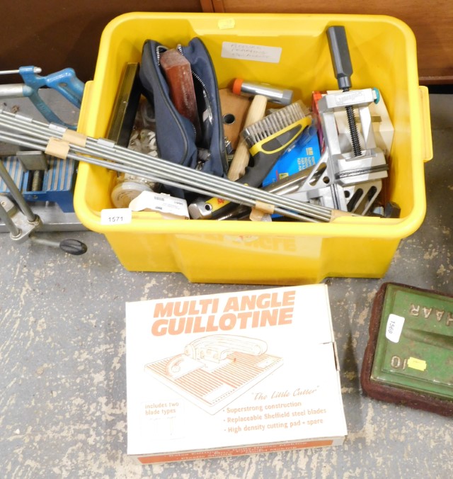 Assorted tools, comprising multi angle guillotine, wire brush, picture frame mounts, etc. (1 box)