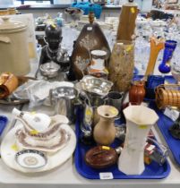 Decorative household wares, comprising silver plated bowls and pin dishes, a car in glass bottle, ca