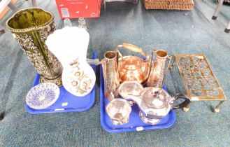 Household wares, comprising green ceramic vase, glass bottles, a pair of eastern hammered copper ste