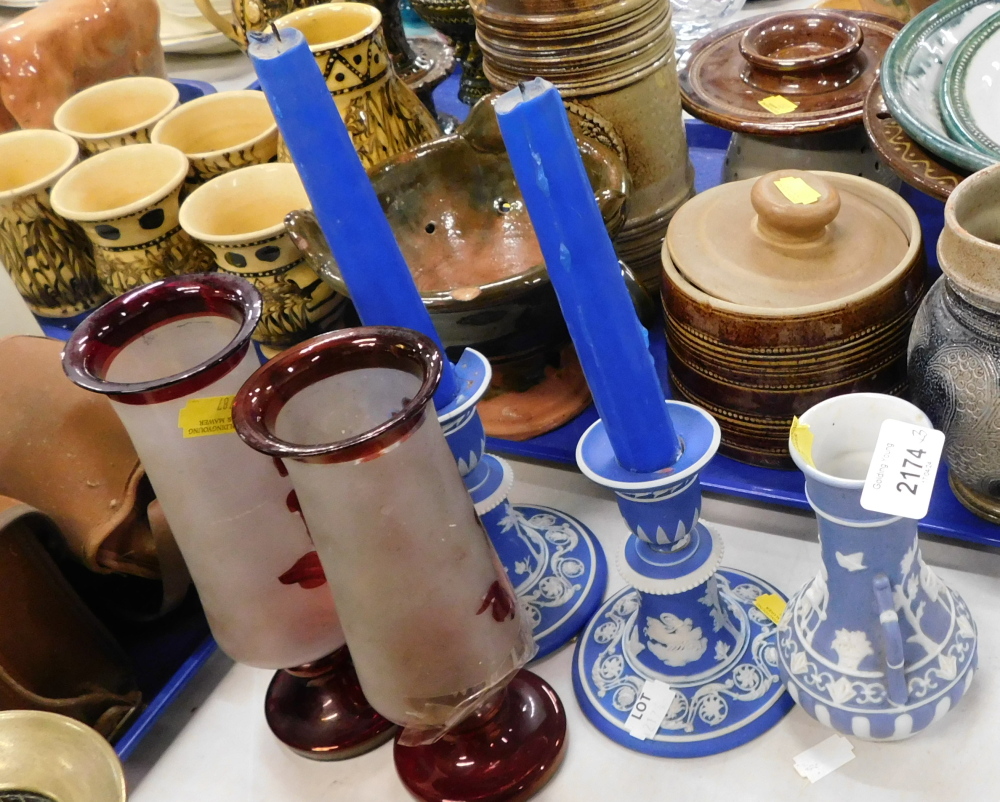 A pair of Wedgwood blue Jasperware candle stands and an associated vase, together with two glass gob