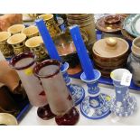 A pair of Wedgwood blue Jasperware candle stands and an associated vase, together with two glass gob