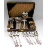 A group of silver plated cutlery.