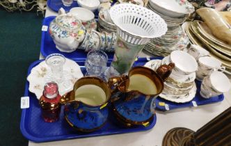 Two 20thC copper lustre jugs, a cranberry glass decanter and stopper, a Limoges porcelain dish, glas