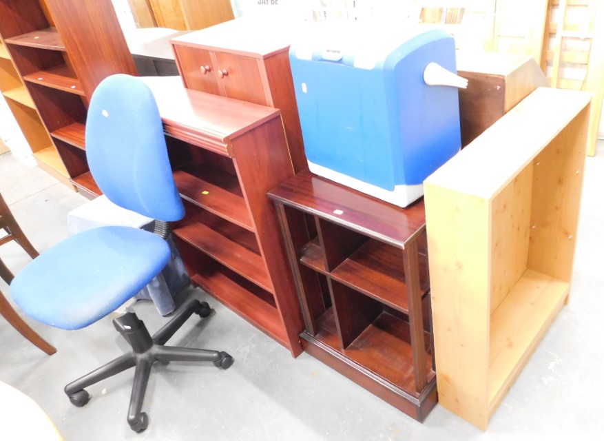 Assorted furniture, comprising a blue draylon covered chair, a redwood bookcase, cabinet, reproducti