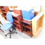 Assorted furniture, comprising a blue draylon covered chair, a redwood bookcase, cabinet, reproducti