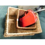 A rattan storage basket and lid, and a waste paper basket, and ladies red handbag.
