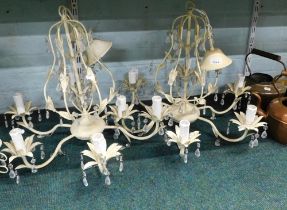 Withdrawn pre-sale. A pair of cream and crystal droplet six branch chandeliers, 60cm high. (2)