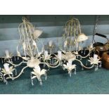 Withdrawn pre-sale. A pair of cream and crystal droplet six branch chandeliers, 60cm high. (2)