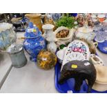 Decorative pottery and other wares, comprising jar and cover, elephant ornament, shell vase, Bonsai