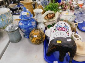 Decorative pottery and other wares, comprising jar and cover, elephant ornament, shell vase, Bonsai