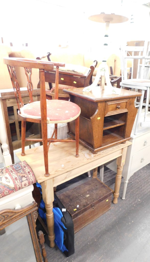 An oak bedside, pine hall table, oak storage box, holdall, a painted wine table and an Edwardian sid