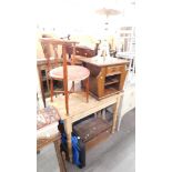 An oak bedside, pine hall table, oak storage box, holdall, a painted wine table and an Edwardian sid