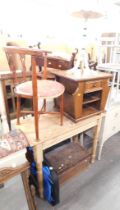 An oak bedside, pine hall table, oak storage box, holdall, a painted wine table and an Edwardian sid