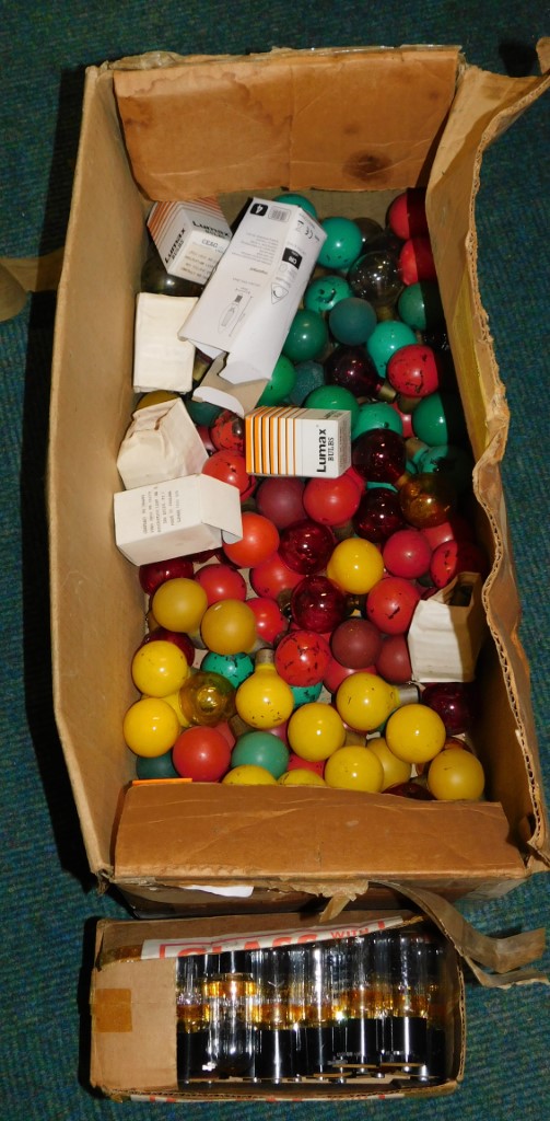 A quantity of coloured Christmas bulbs, a box of radio valves, etc. (1 box)