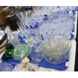 Glassware, comprising 18thC German tankard, green glass dumps, two decanters, vase and fruit bowl. (