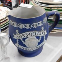 A Ross's ginger ale blue and white basalt jug, 14cm high.