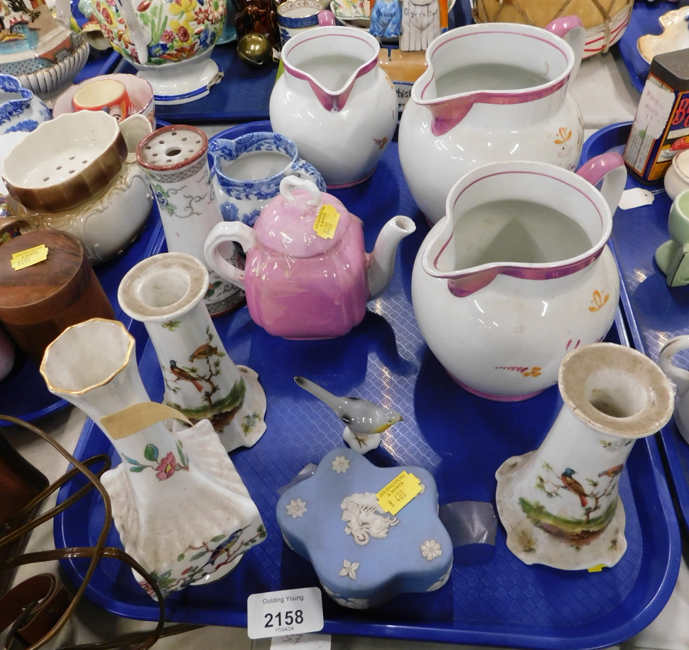 20thC ceramics, comprising AE Grey lustre graduated jug set, two chick candlesticks with transfer pr