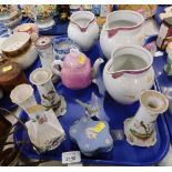 20thC ceramics, comprising AE Grey lustre graduated jug set, two chick candlesticks with transfer pr