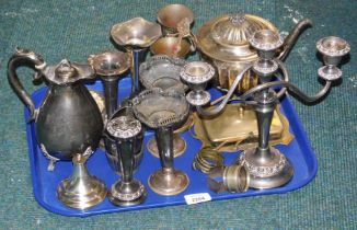 A group of silver plated wares, comprising coffee pot, stem vases, milk jug, napkin rings, etc. (1 t