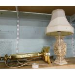 A brass columned table lamp, on twist stem on square foot, 40cm high, and a ceramic white finish tab