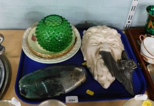 An Art Glass vase, bat ornament, a reconstituted stone wall mask, green mottled vase, bowls, etc. (1