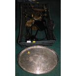Silver plated oval serving tray, trivet, fireside implements, bird hanging basket, etc. (1 box)