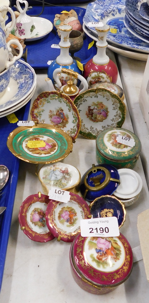 A group of Limoges miniatures, comprising trinket box, miniature cabinet plates, tea pot, vases, etc