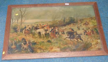 Hunting print, depicting cavalry officers on horse back through lake, in oak frame, in 19thC style.