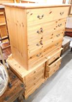 A pair of pine three drawer bedsides, 54cm high, 48cm wide, 42cm deep, and a pine chest of four draw