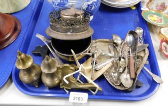 Silver plated and brass wares, comprising pin tray, silver plated spoons, silver handled knife and f