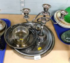 Silver plated wares, comprising two salvers, a two handled E Blyd and Co pewter dish, and a three br