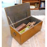 A pine tool chest and contents of tools, to include chisels, hand screwdrivers, wood block planes, e