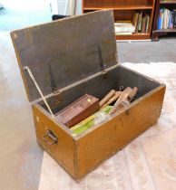 A pine tool chest and contents of tools, to include chisels, hand screwdrivers, wood block planes, e