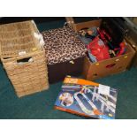 A wicker storage basket, a faux leather and leopard topped storage box, an action reaction games set