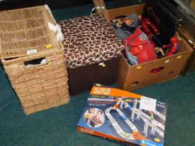 A wicker storage basket, a faux leather and leopard topped storage box, an action reaction games set