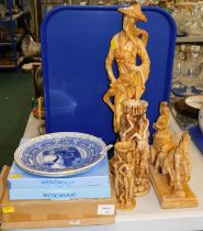 Wedgwood commemorative cabinet plates, plaster finish chariot figures and vases, meat plate, cabinet