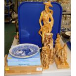 Wedgwood commemorative cabinet plates, plaster finish chariot figures and vases, meat plate, cabinet