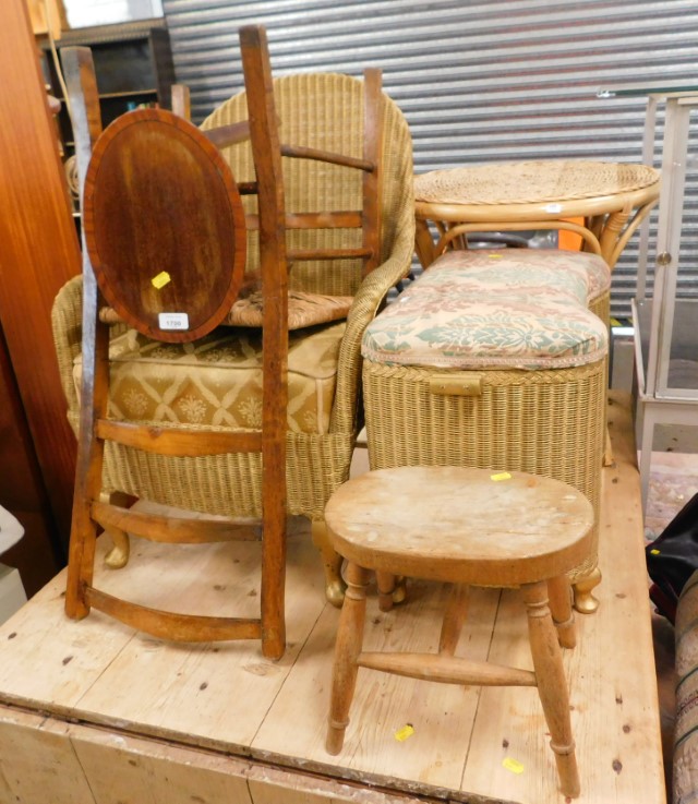 Various furniture, comprising Lloyd Loom chair and linen box, cane conservatory table, Edwardian mah