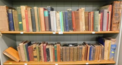 Hardback books, comprising poems, Robinson Crusoe, 19thC dictionary, and others. (2 shelves)