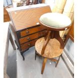 Assorted furniture, comprising a walnut bureau, with one short and two long drawers, oak side table