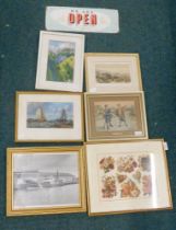 Assorted pictures and prints, comprising floral print, boating scene, sign, The Lairs print, shippin